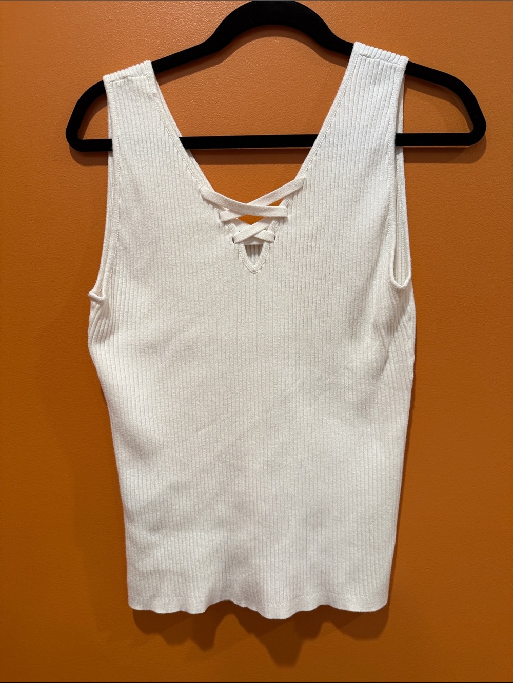 White House Black Market White Ribbed Lace-Up V-Neck Tank